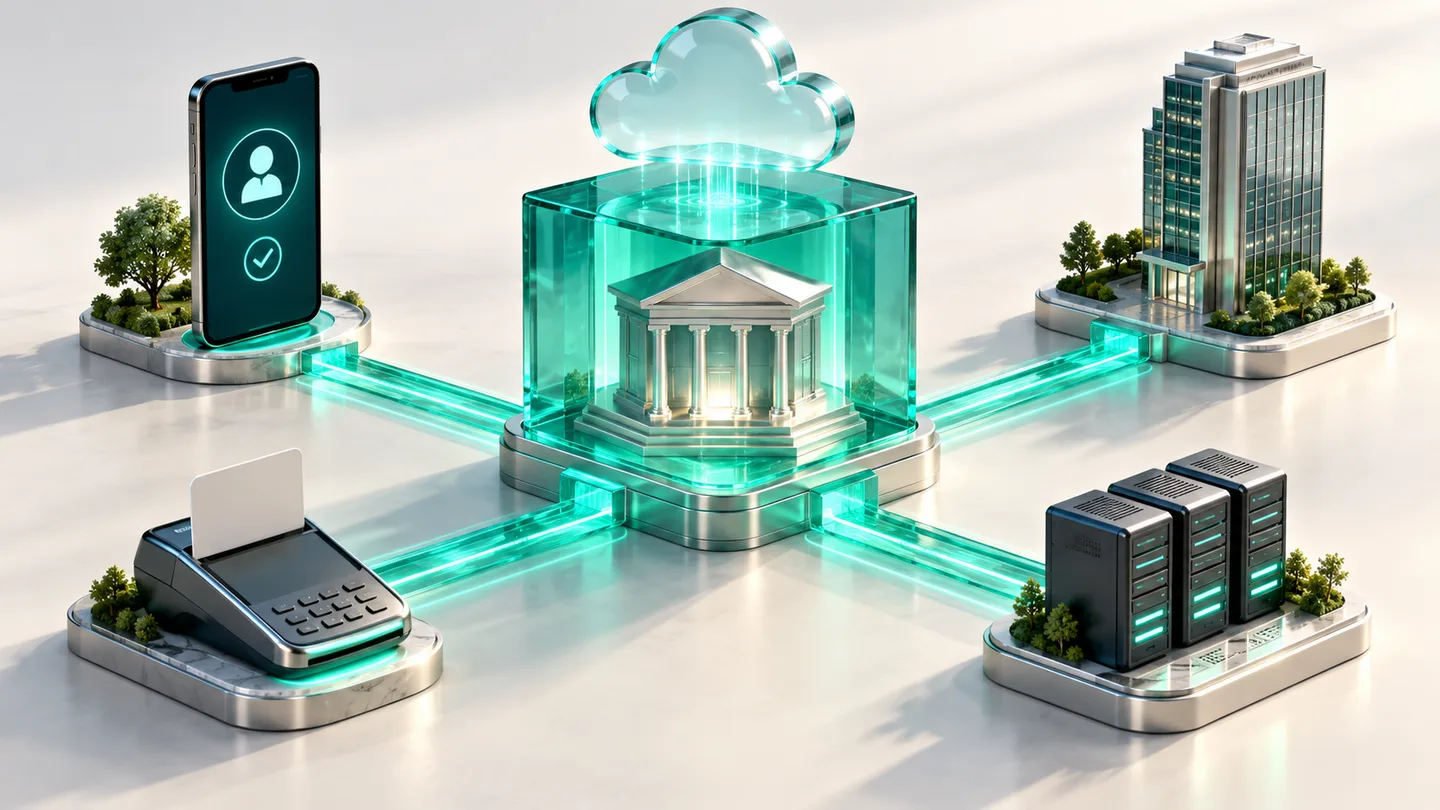 A bank branch in a glass core connected by teal data lines to a mobile app, POS terminal, office building, and server racks