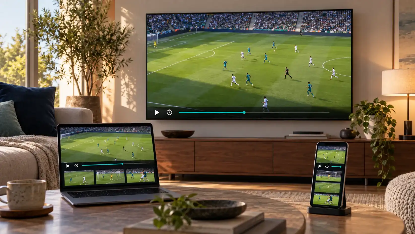 A live football match streaming in sync across a smart TV, laptop and phone