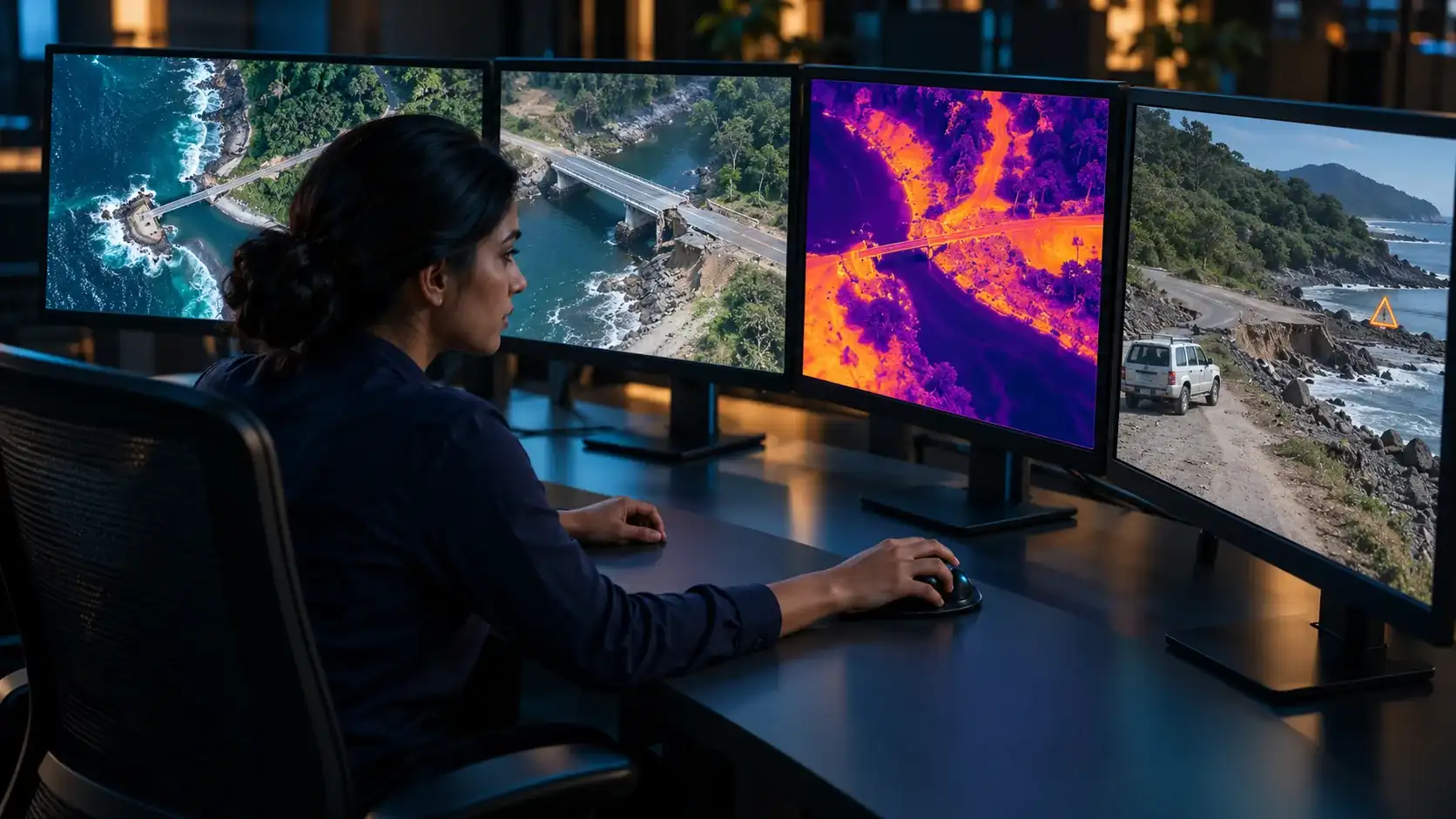 Analyst comparing coastal imagery, thermal data and surveillance views across multiple screens