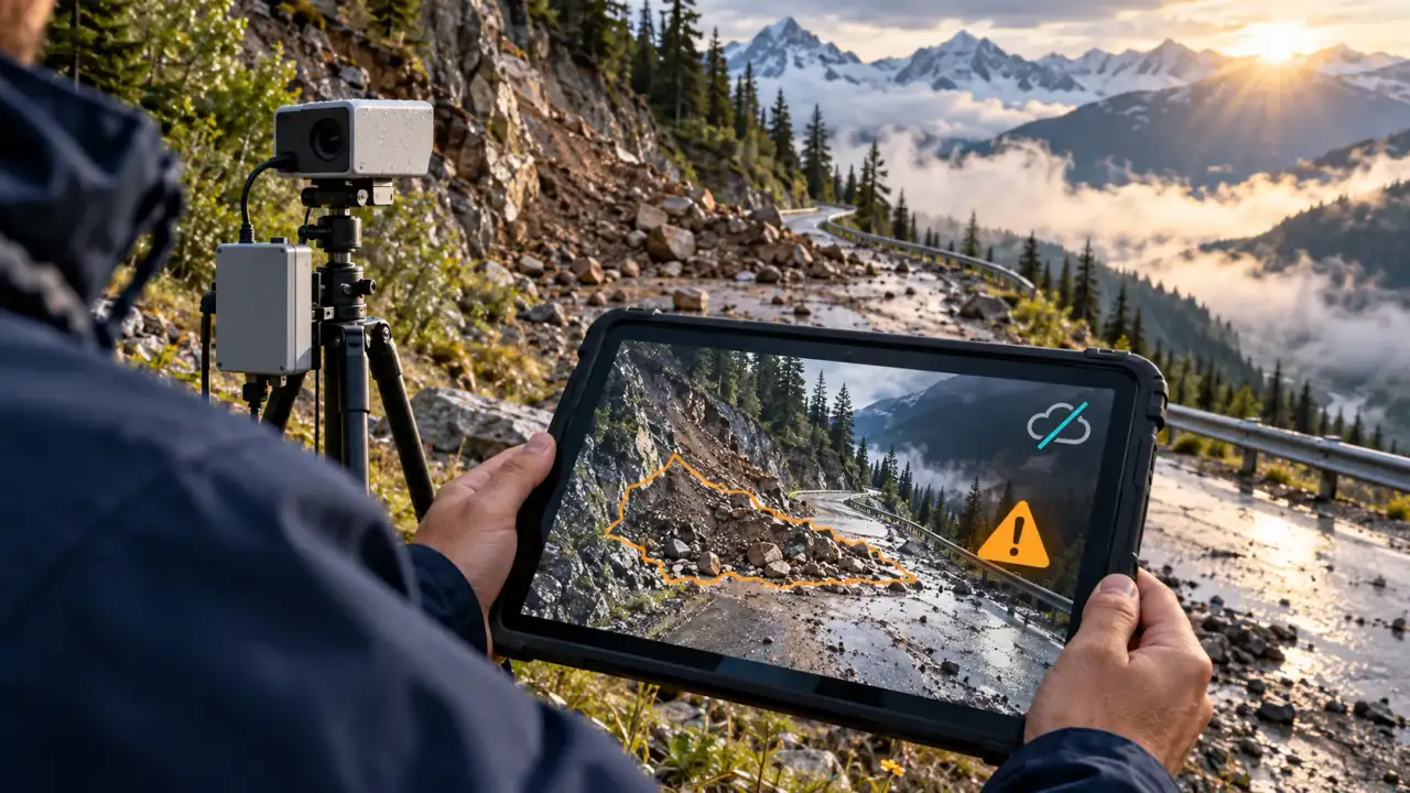 Field operator using a tablet connected to sensors to assess a possible landslide on a mountain road